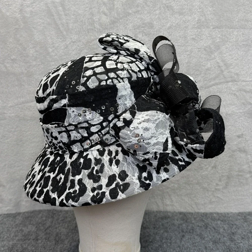 NIGHT STUDIO Hat Cloche Womens Church Kentucky Derby Black Animal‎ Print Sequin